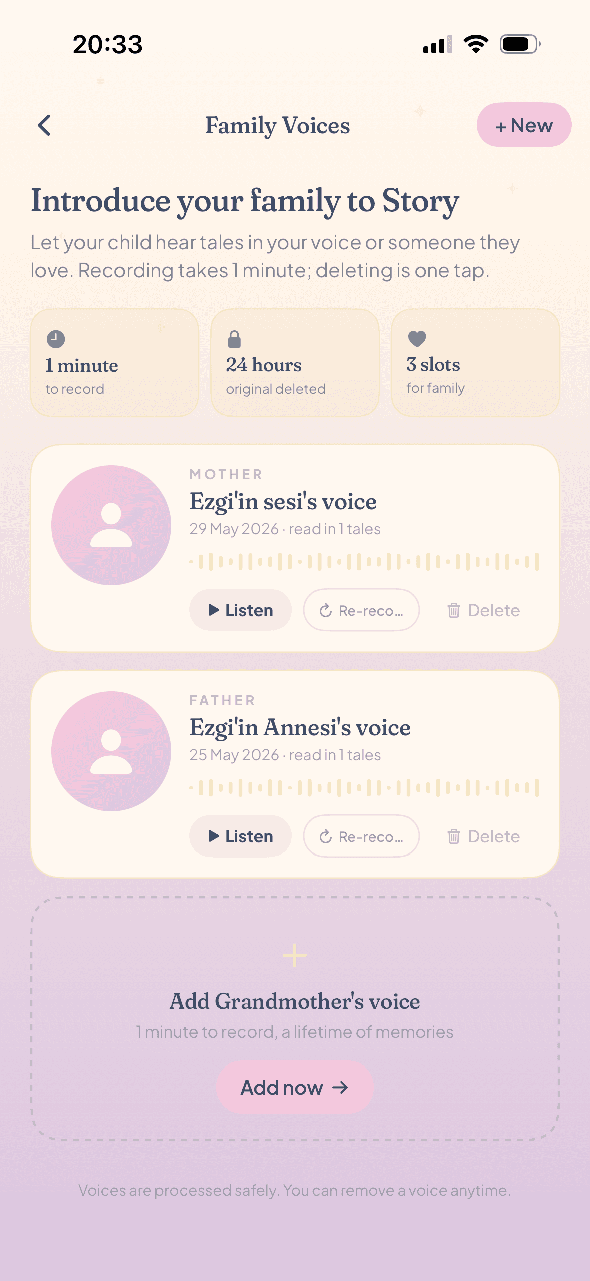 Family Voices screen — record mother and father voice